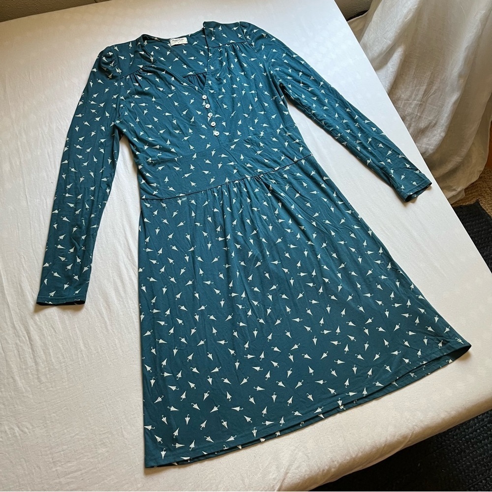 People Tree teal green blue knit umbrella print long sleeve midi‎ dress